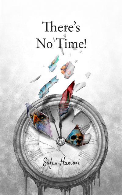 Picture of a book cover: a melting clock with a broken face. On some of the
         levitating shards of glass there are reflections of various illustrations: a head of an
         eagle, a human skull, a dark silhouette of a demon standing on a stairway, a medieval
         motif, a teddy bear, an infusion bag.